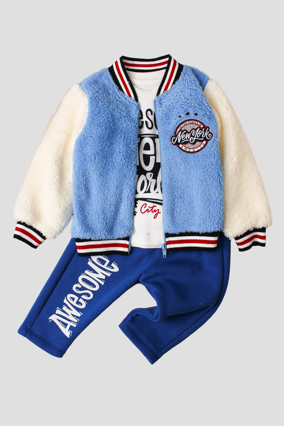 Erkek Bebek New York Temalı Peluş Detaylı Kışlık 3'lü Takım Mont Tişört Pantolon 9 24 Ay